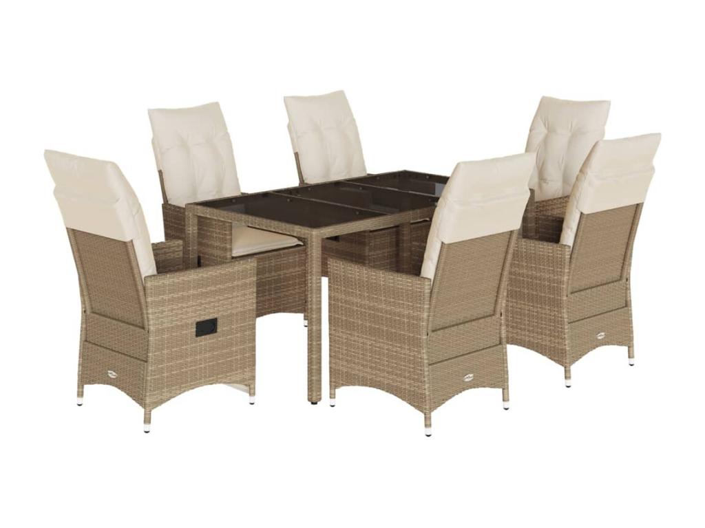 7-piece beige poly rattan garden dining set and cushions WGXI00022