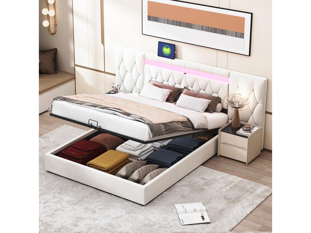 Storage bed, adult bed 160x200 cm with high backrest, LED lighting and USB connector, Beige PFSP07543