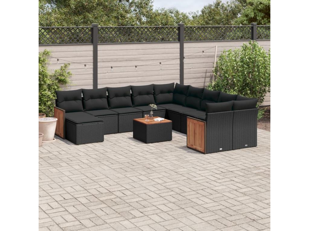 12-piece garden furniture set with cushions, black resin wicker TRLK62891