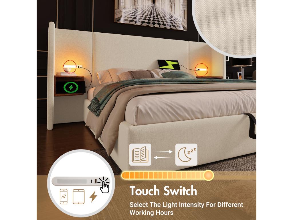 160x200cm linen storage bed - 2 bedside tables with reading light and loading function - with Ligniva slatted base - Beige WDAB83261