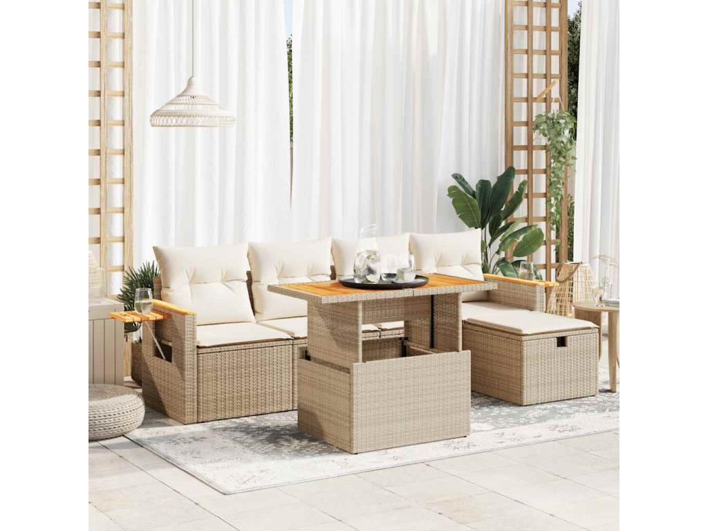 Garden furniture set with cushions, 6 pieces, beige woven resin PDPE57675