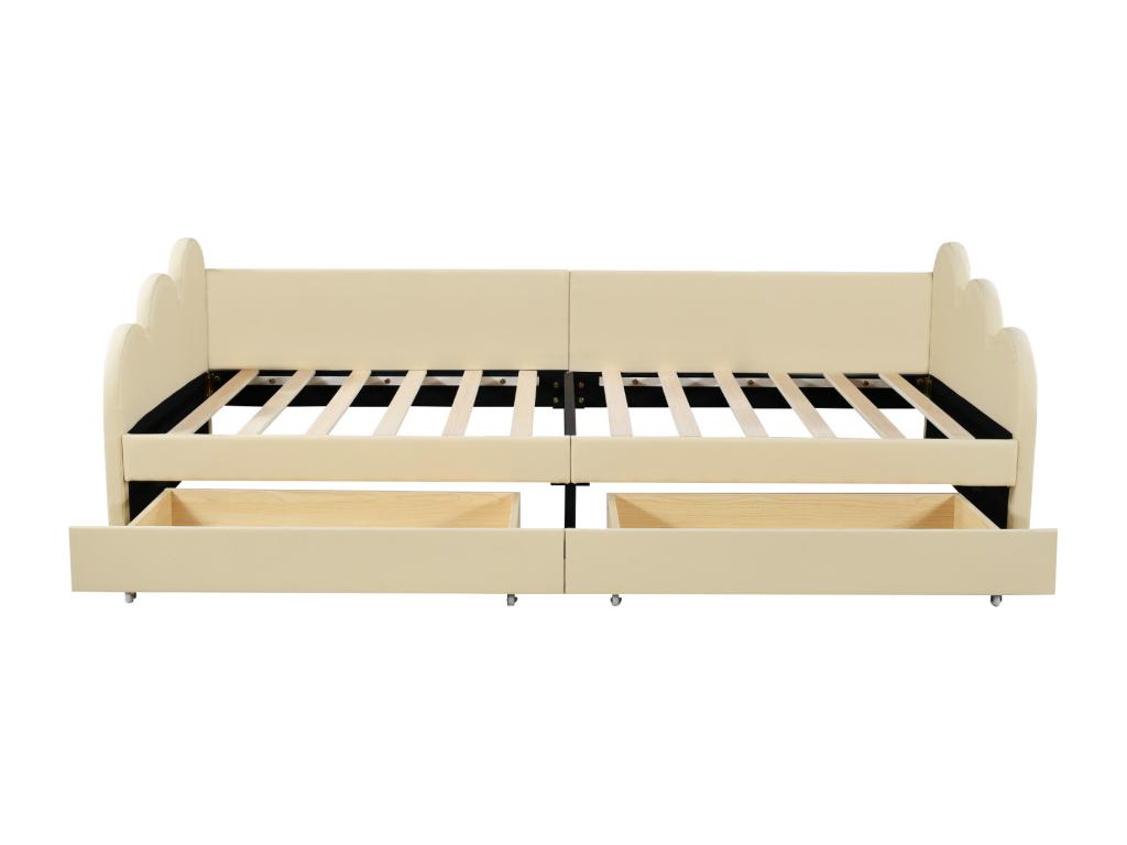 Upholstered bed 90x200 cm with 2 drawers, backrest and armrests padded in beige faux leather FAEN02879