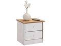 Dekonao bedside table with 2 drawers, solid pine nightstand, white and brown stained wood, JZRP06970