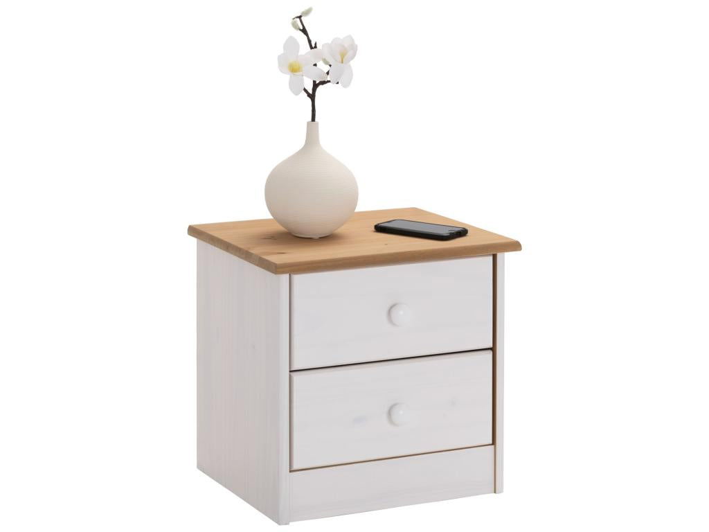Dekonao bedside table with 2 drawers, solid pine nightstand, white and brown stained wood, JZRP06970