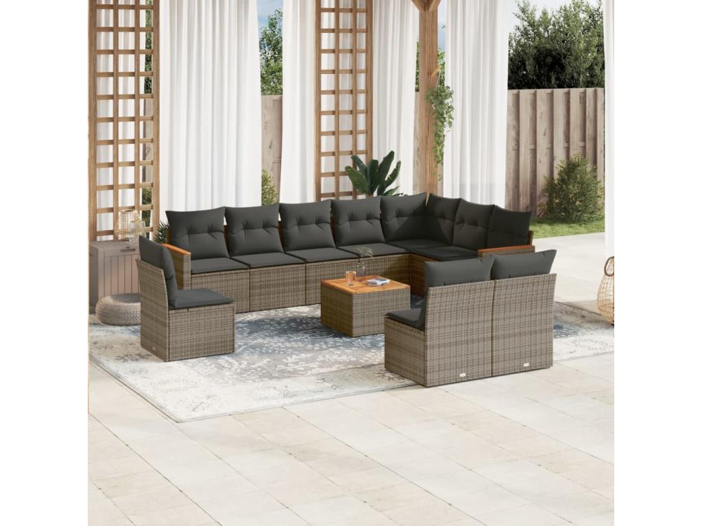 11-piece garden furniture set with grey resin wicker cushions CGHY95371