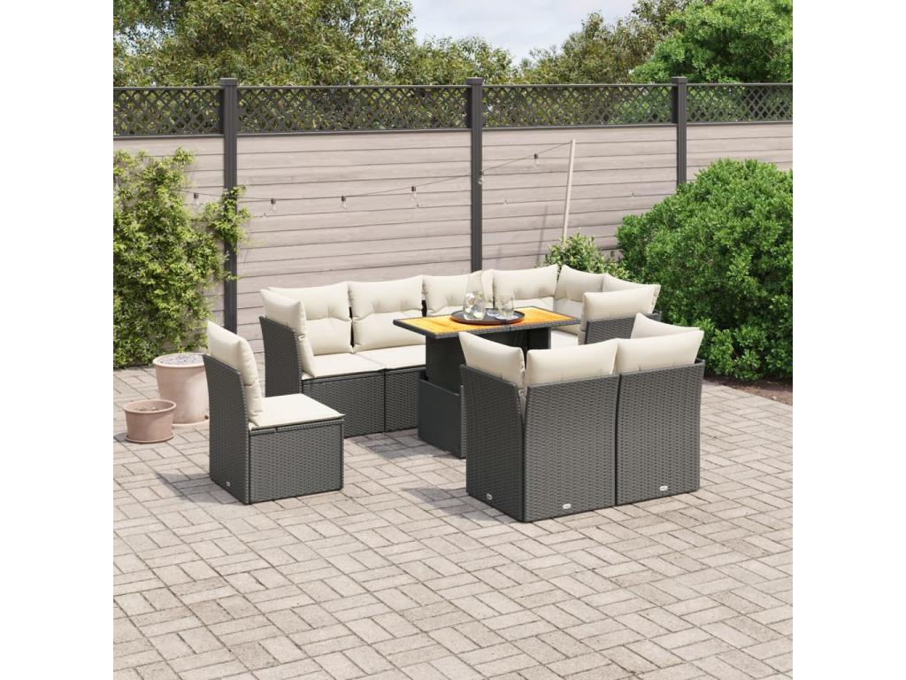 9-piece garden furniture set with cushions, black resin wicker IWYV50517