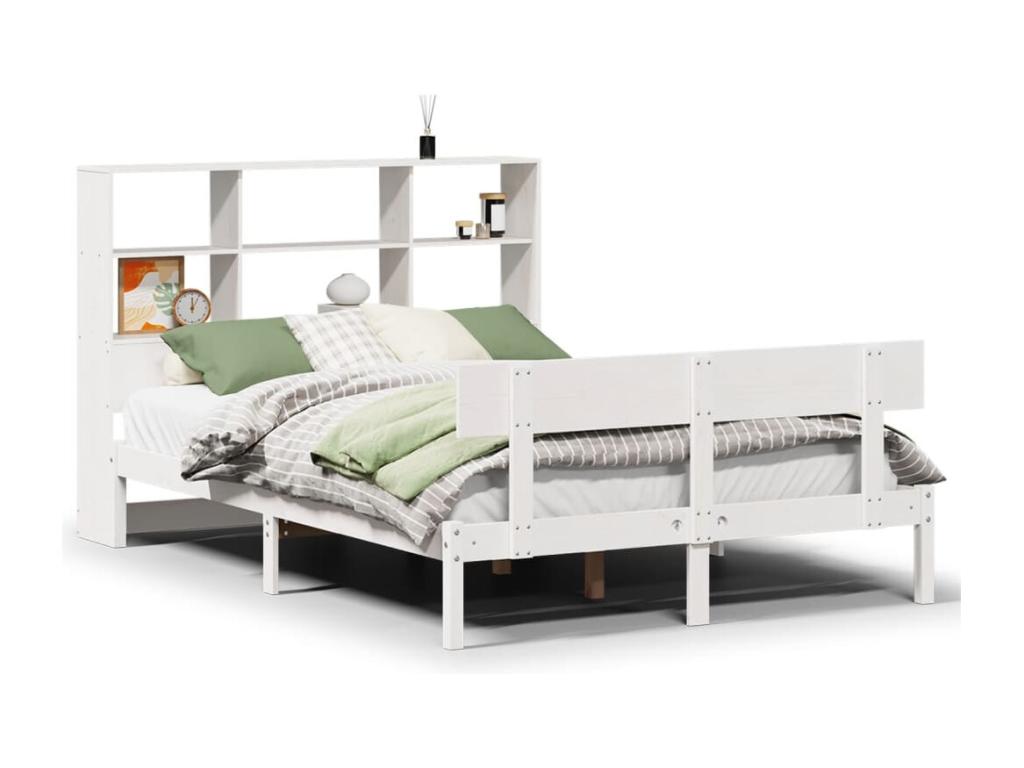 White 160x200 cm solid pine wood bookcase bed without mattress IEPY81740