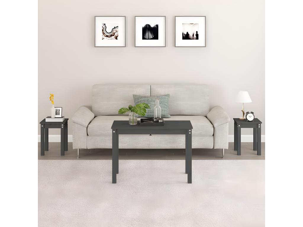 Nesting tables, 3 pieces, Grey, Solid pine wood HLLS55956