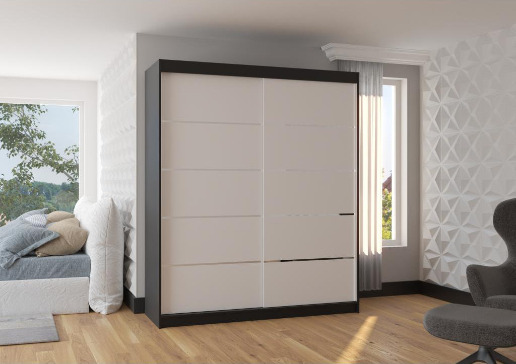 Dekonao 180cm Black Bedroom Wardrobe with 2 White and Aluminum Sliding Doors WUXG98712