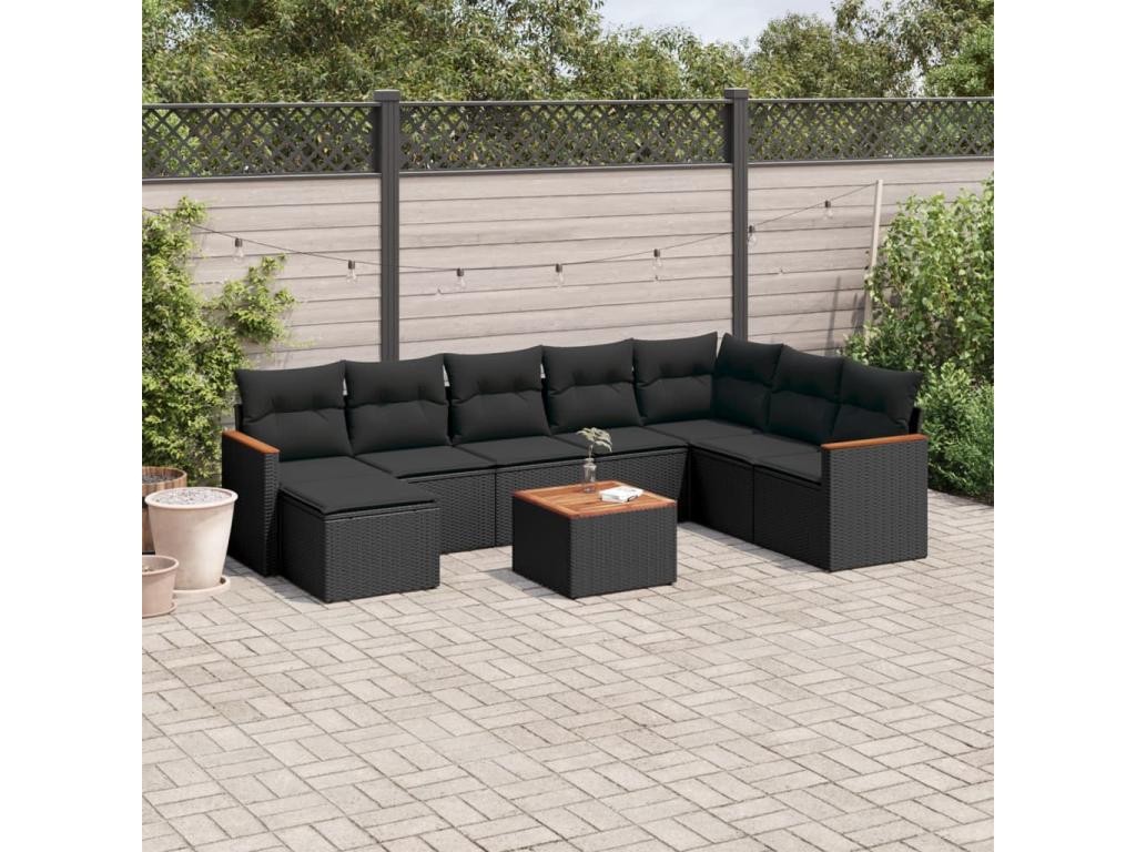 9-piece garden furniture set with cushions, black wicker resin RHWH39127
