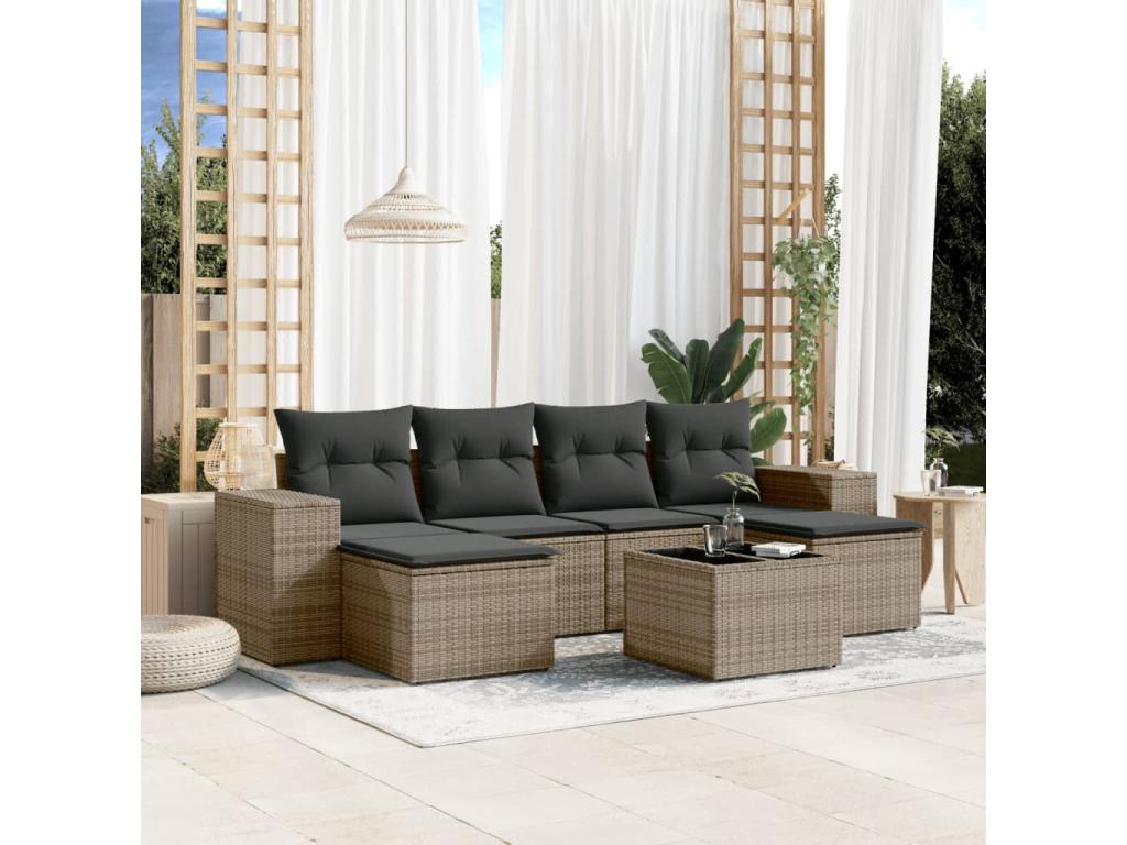 Garden furniture set with cushions, 7 pieces, grey woven resin, VGGG17639
