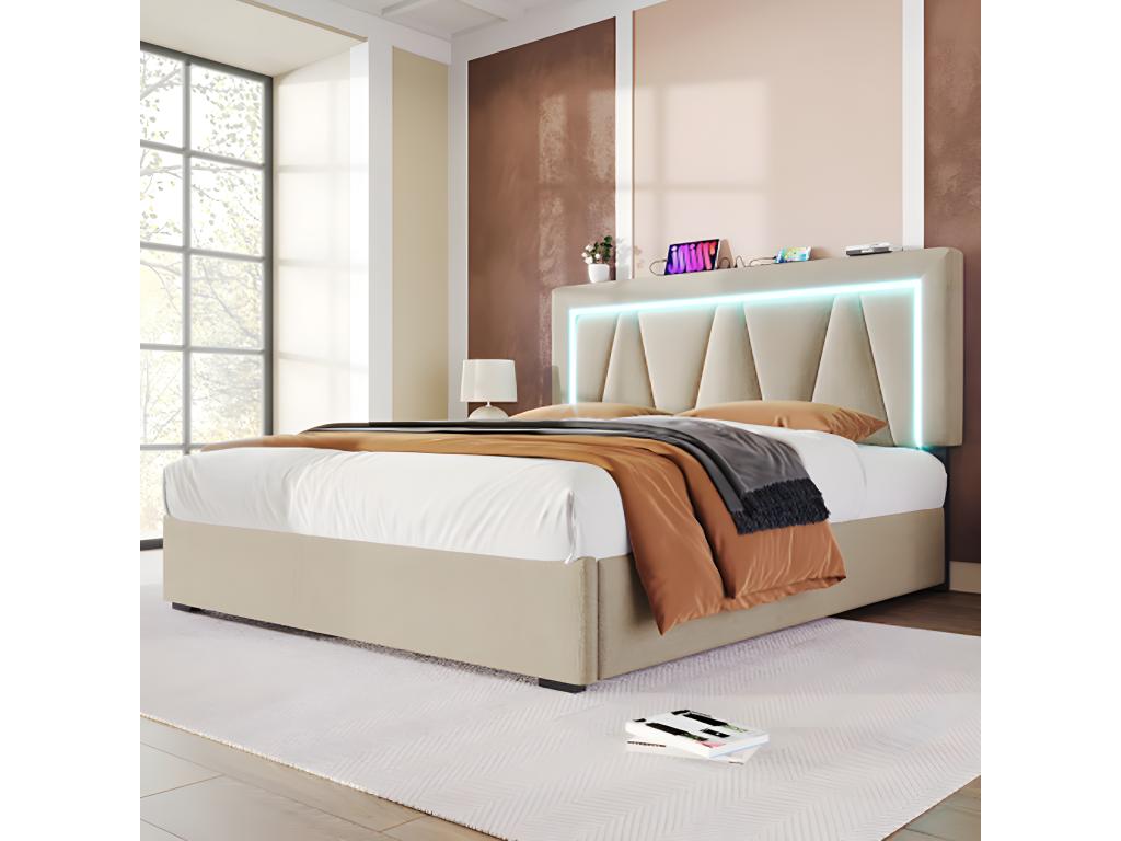 Adult bed, storage bed, double bed with LED lighting, USB Type-C charging function, and LED lighting. Upholstered bed 160x200 cm, Beige YGQA50662